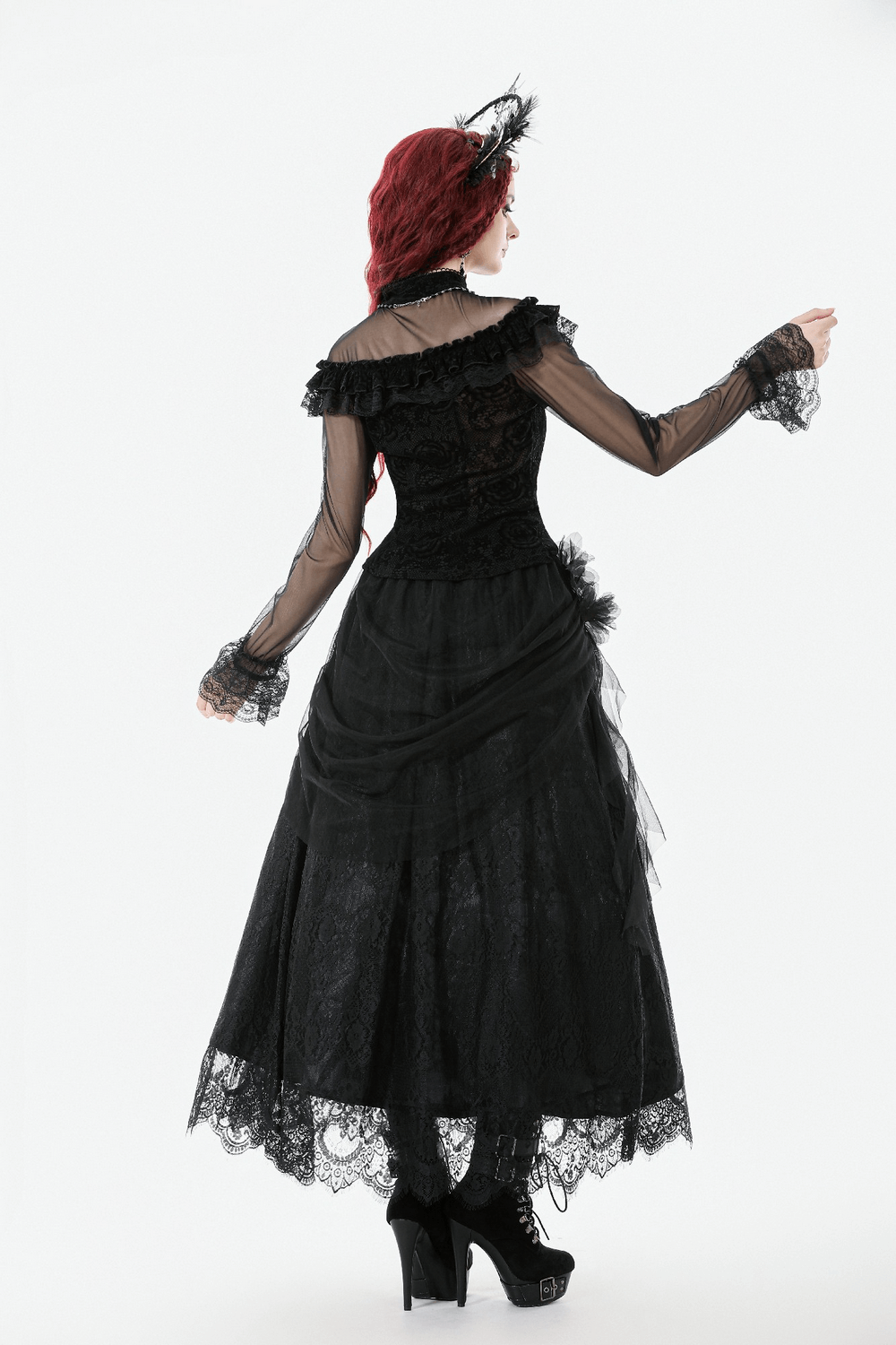 Chic Lace Sheer Top with Ruffled Off Shoulder Design showcased in elegant black, with intricate lace details and ruffles.