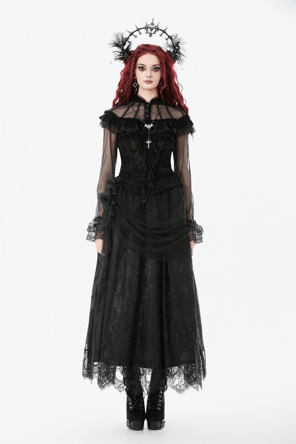 Model wearing a Chic Lace Sheer Top with Ruffled Off Shoulder Design in black lace and gothic style.