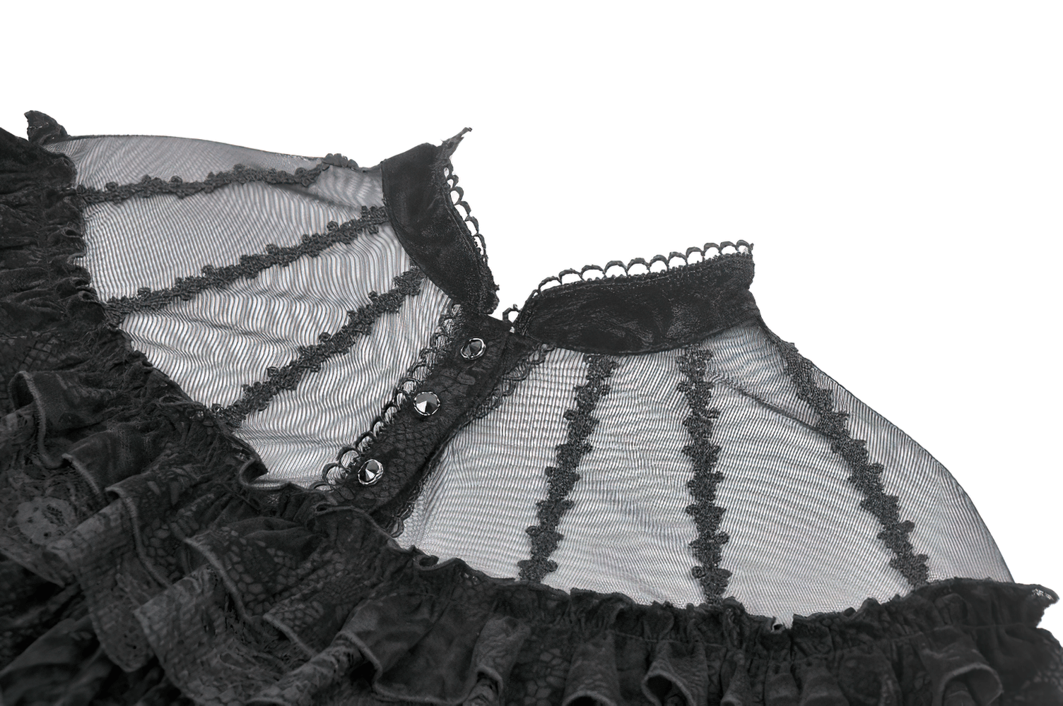 Chic Lace Sheer Top with Ruffled Off Shoulder Design close-up view of the lace neckline and ruffle details.