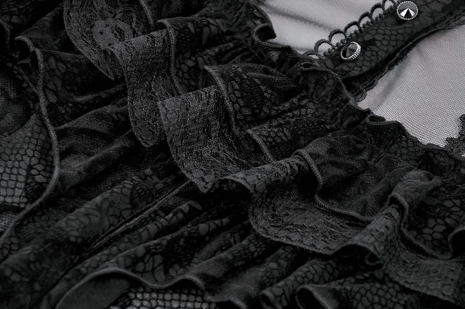 Chic Lace Sheer Top with Ruffled Off Shoulder Design featuring elegant lace and ruffle details.