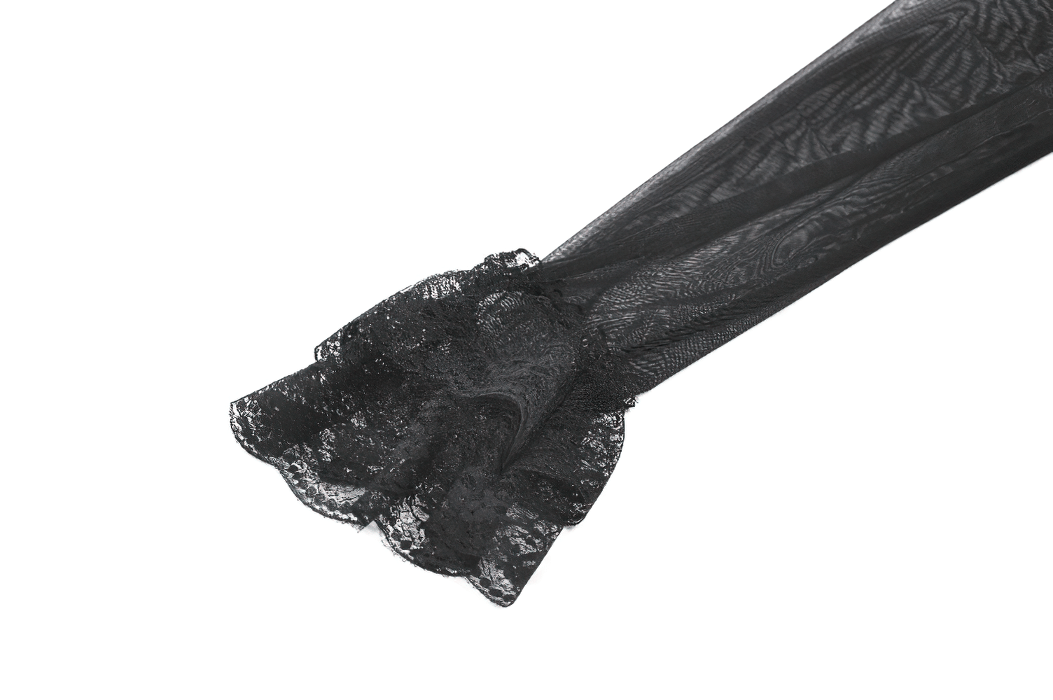 Close-up of the sleeve detail of a Chic Lace Sheer Top with Ruffled Off Shoulder Design.