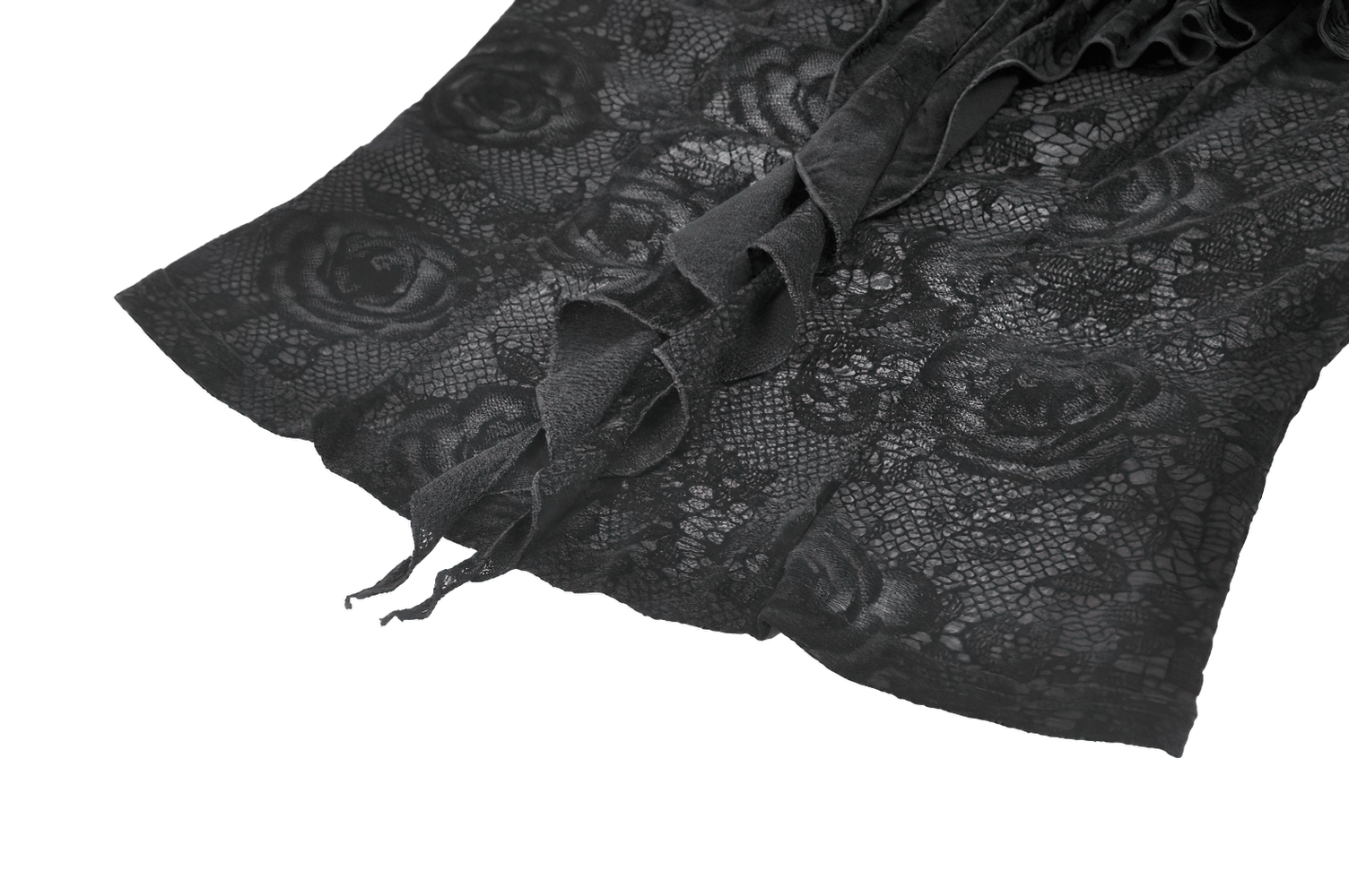 Chic Lace Sheer Top with Ruffled Off Shoulder Design featuring exquisite black lace and ruffle details.