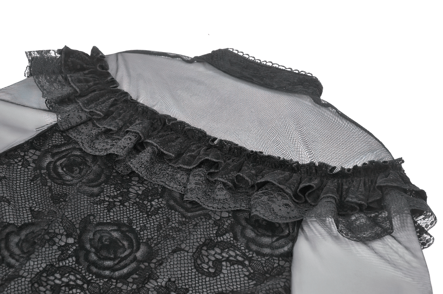 Chic Lace Sheer Top with Ruffled Off Shoulder Design showcased in black lace and ruffled neckline.