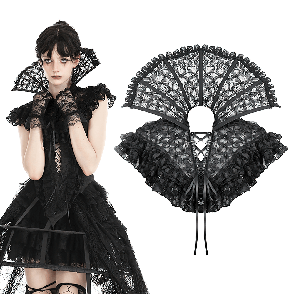 Chic black lace stand-up collar cape with ruffled design and adjustable closure, perfect for gothic outfits.