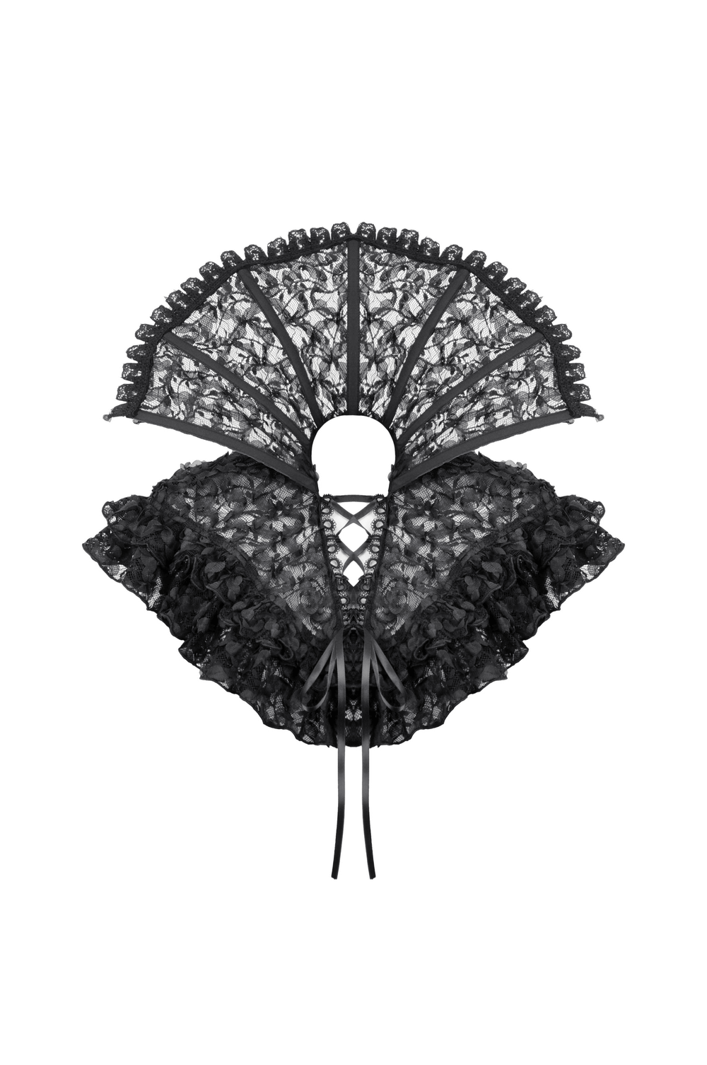 Chic black lace stand-up collar cape featuring ruffled design and adjustable closure for goth elegance.