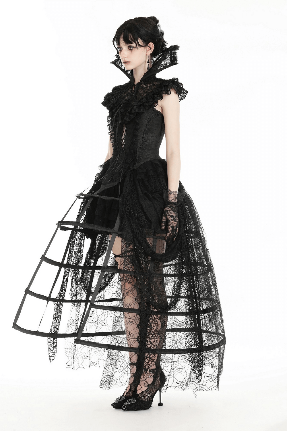 Gothic black lace stand-up collar cape dress with ruffled details, perfect for elevating any Victorian-inspired outfit.