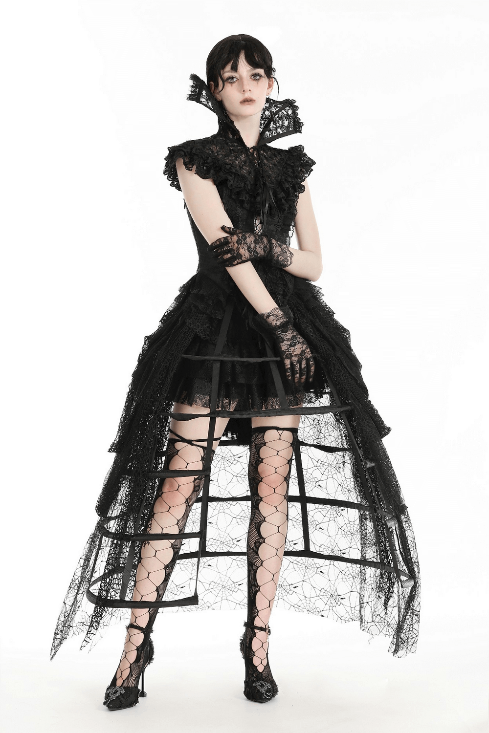 Gothic black lace stand-up collar cape with ruffled detailing, perfect for a dramatic fashion statement.