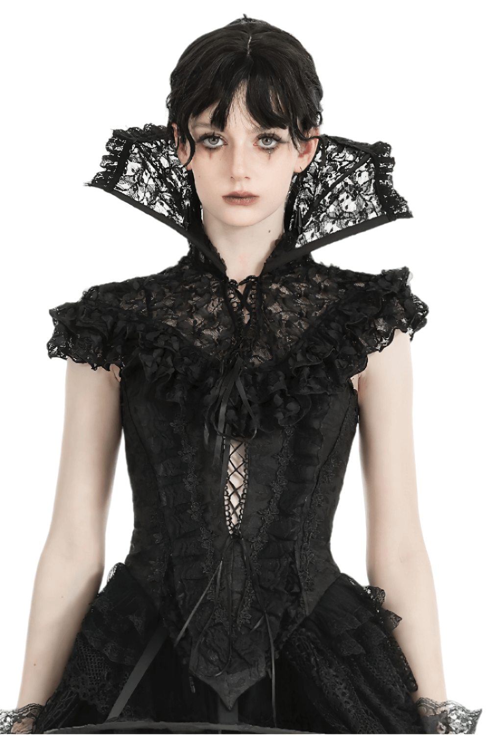 Gothic black lace stand-up collar cape with ruffled details, perfect for bold fashion statements.