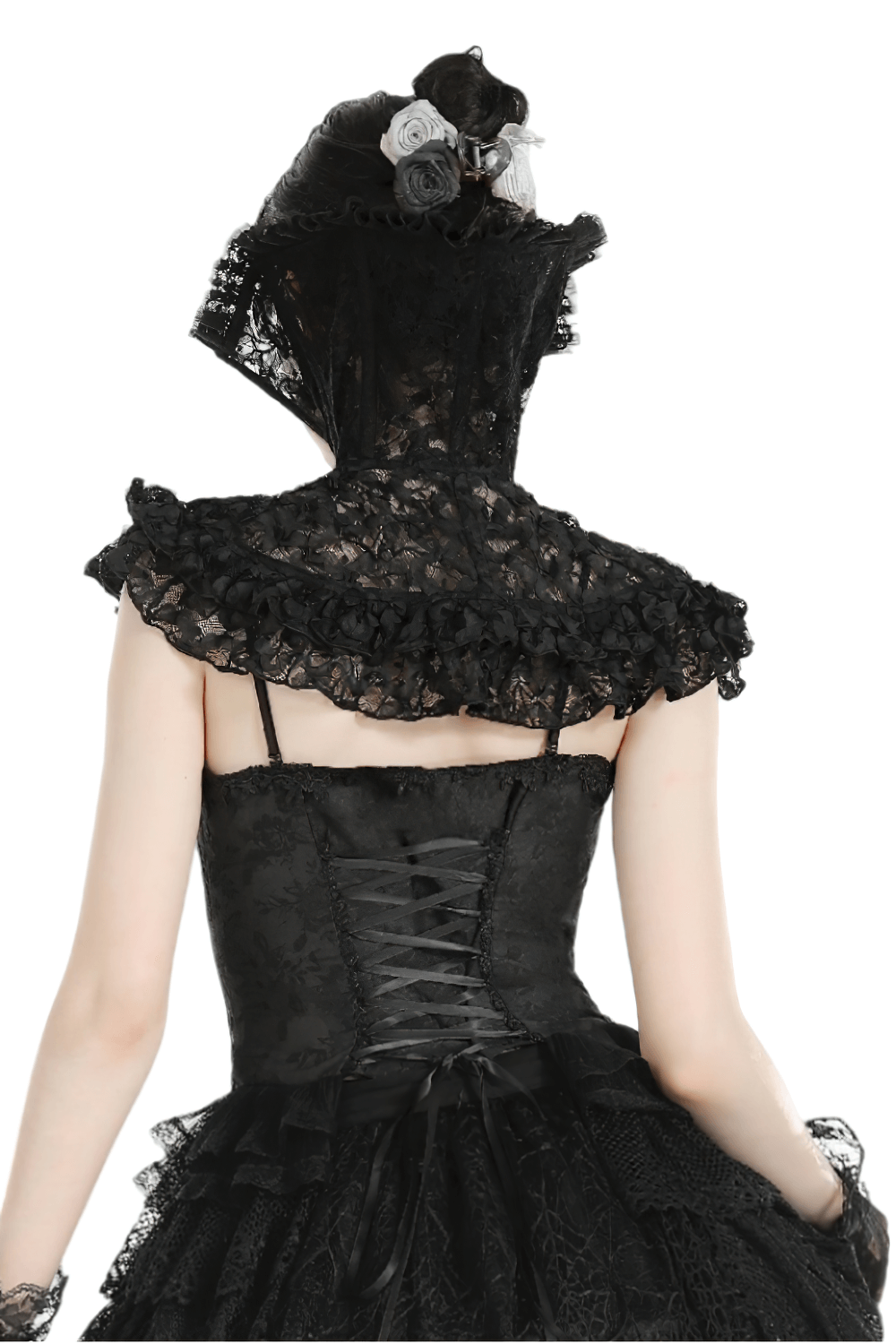 Gothic black lace stand-up collar cape with ruffled design, showcasing intricate details and adjustable fit.