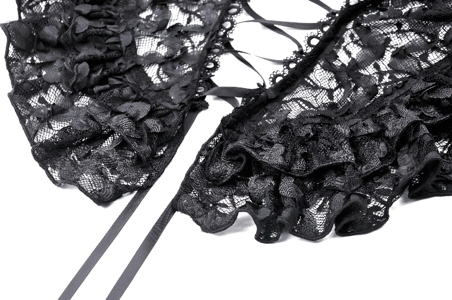 Black lace ruffled stand-up collar cape showcasing intricate detailing and adjustable closure.