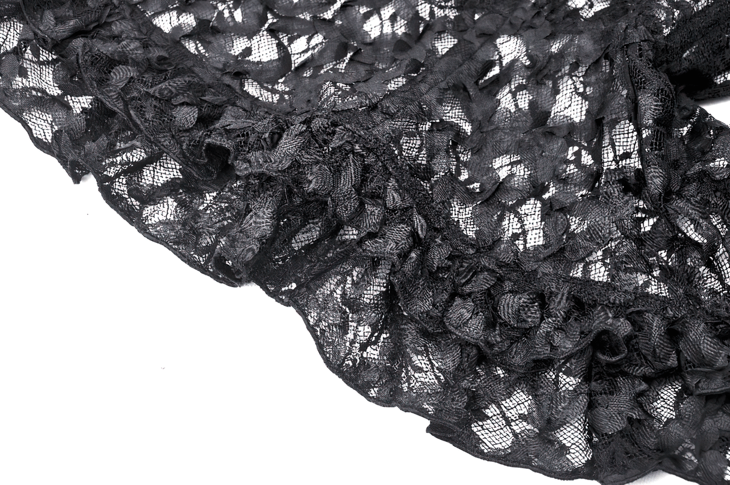 Close-up of intricate black lace ruffled collar cape, showcasing detailed lacework and stylish gothic design.