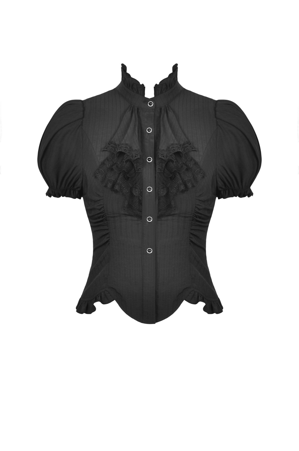 Chic black gothic blouse with lace trim, puff sleeves, and ruffled neckline for a bold, elegant style.