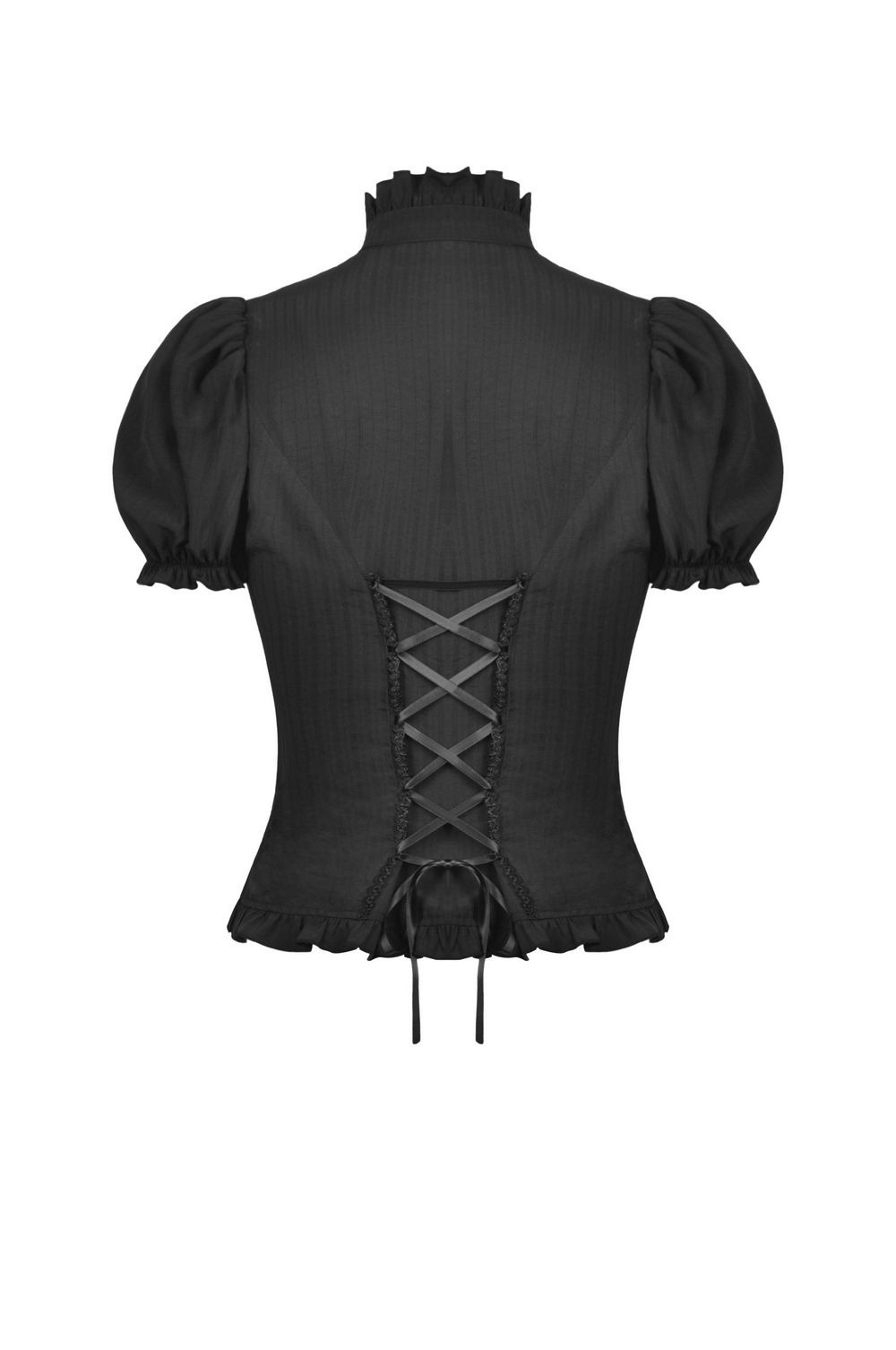 Back view of a chic black puff sleeve blouse featuring lace-trimmed neck and corset-style lacing.