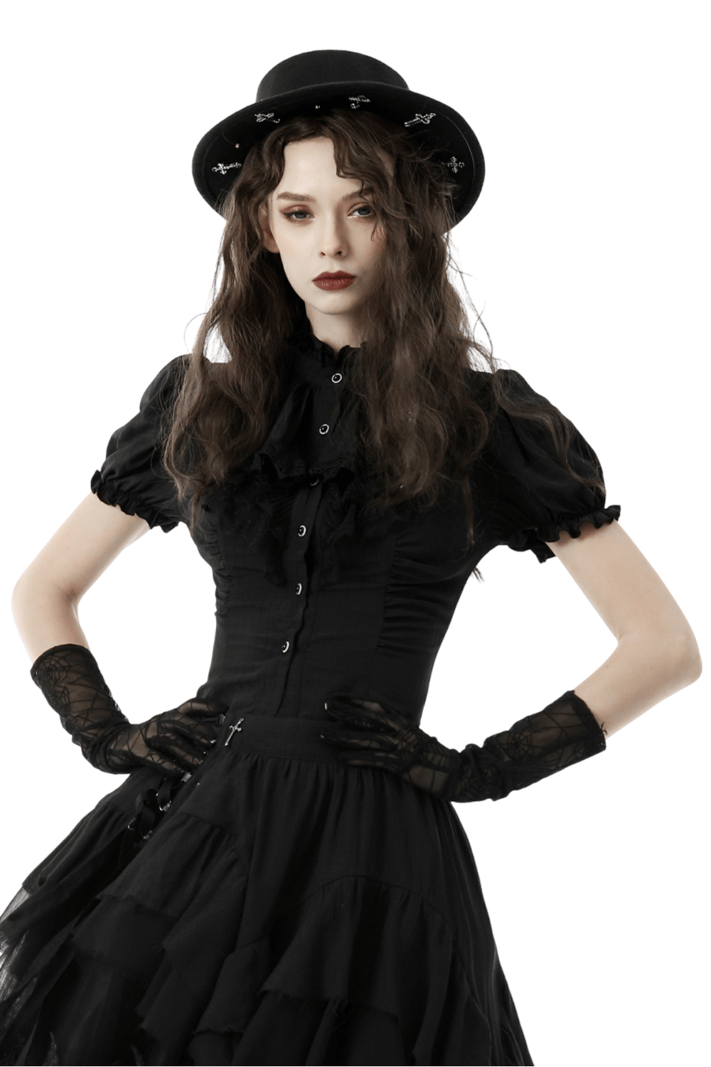 Chic black lace-trimmed gothic blouse with puff sleeves, ruffled neckline, and stylish accessories.
