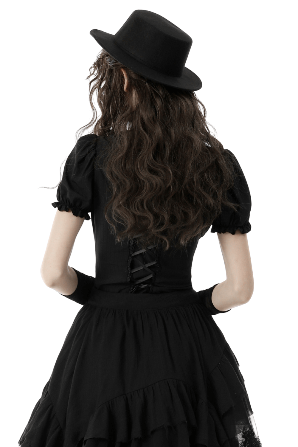 Back view of a black lace-trimmed gothic blouse with puff sleeves and a stylish black hat.