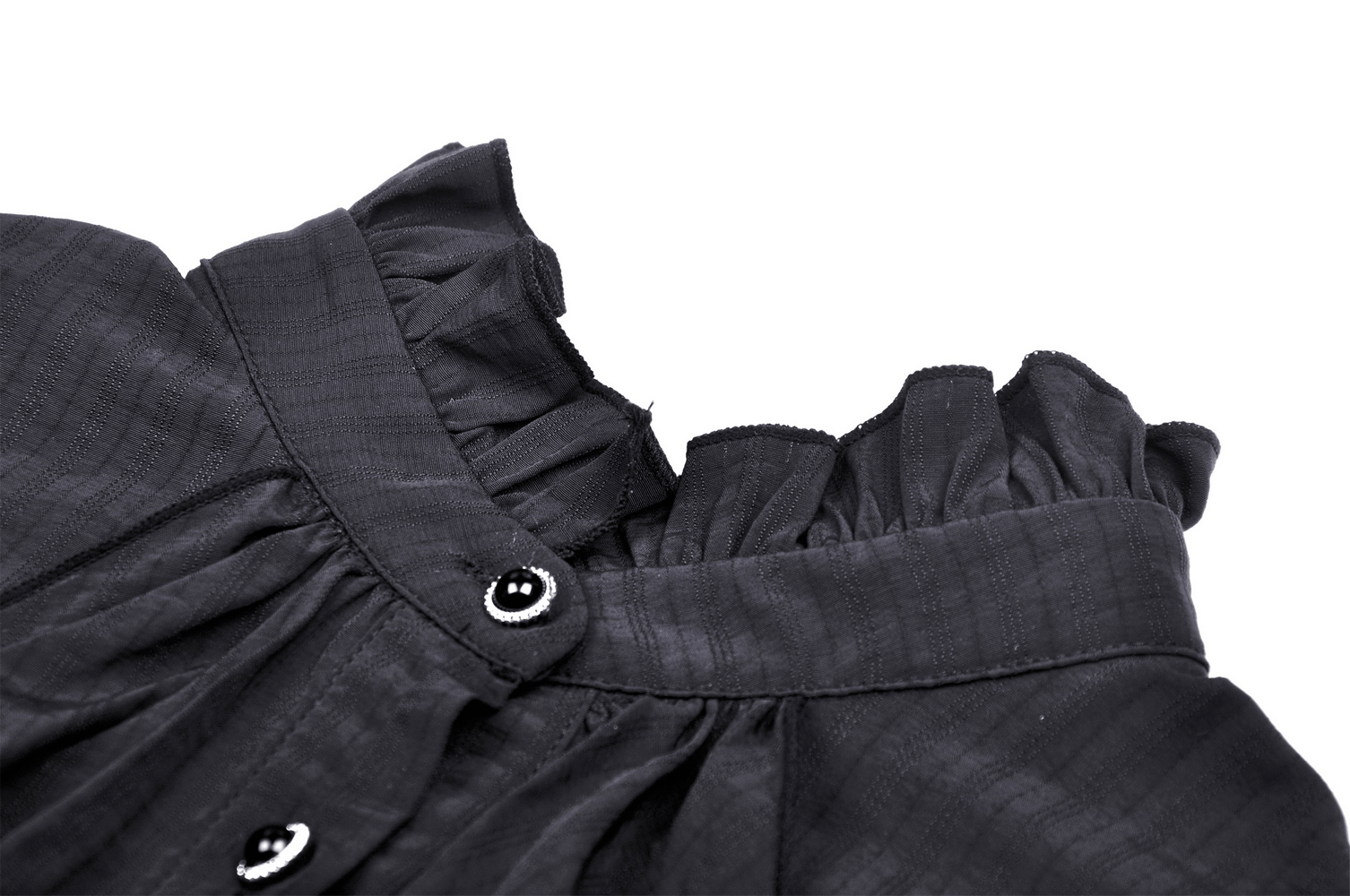 Chic black blouse with ruffled neckline and buttons, showcasing elegant lace trim detail for a gothic style.
