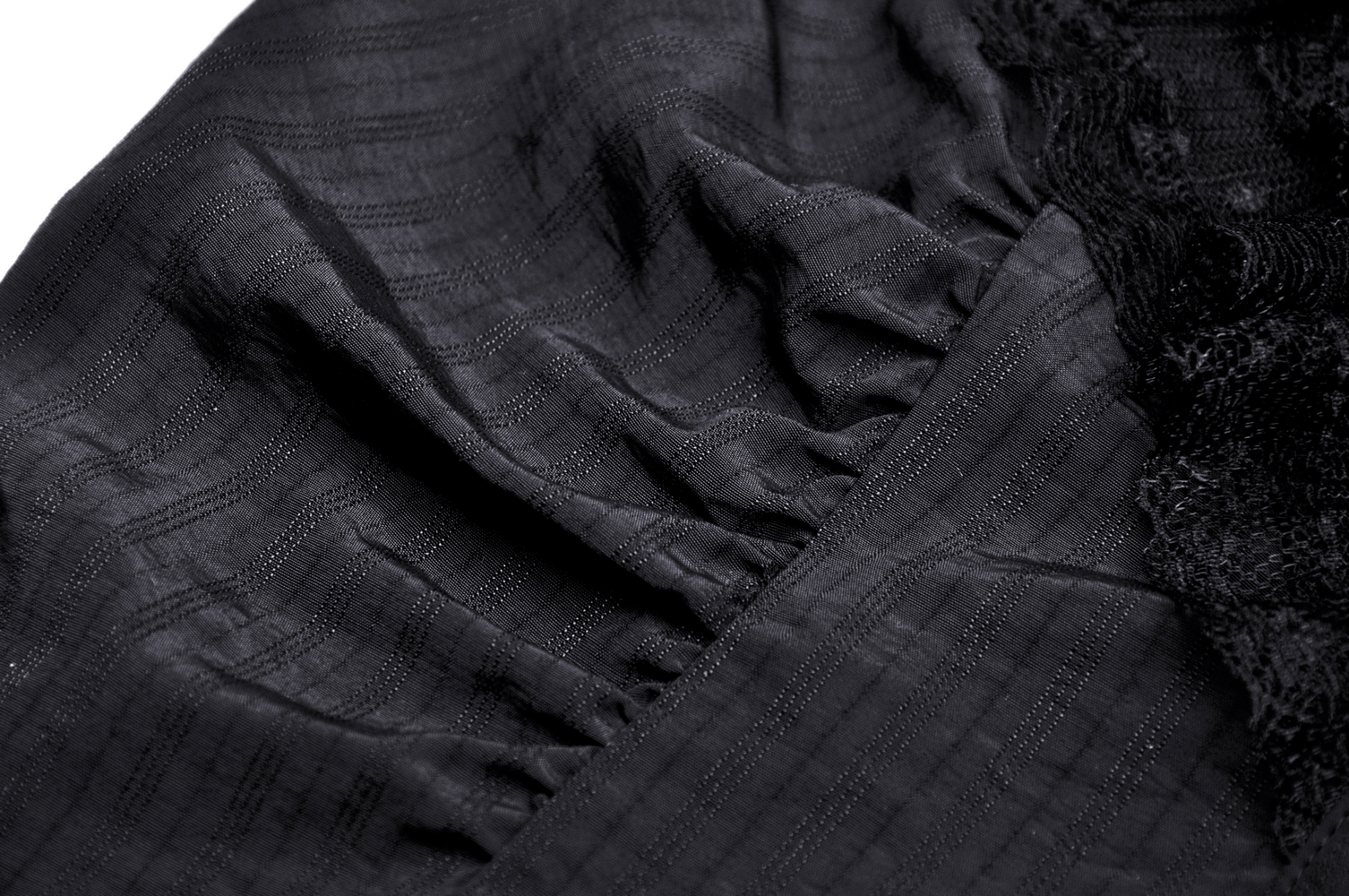 Close-up of black fabric with lace trim and ruffled details, showcasing gothic elegance.