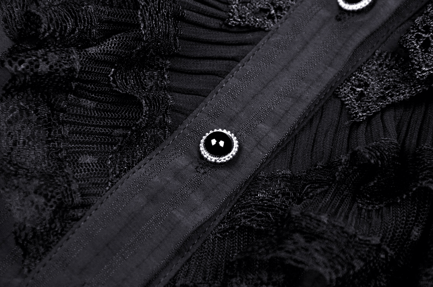 Close-up of black lace-trimmed blouse featuring intricate ruffles and elegant buttons, perfect for gothic fashion.