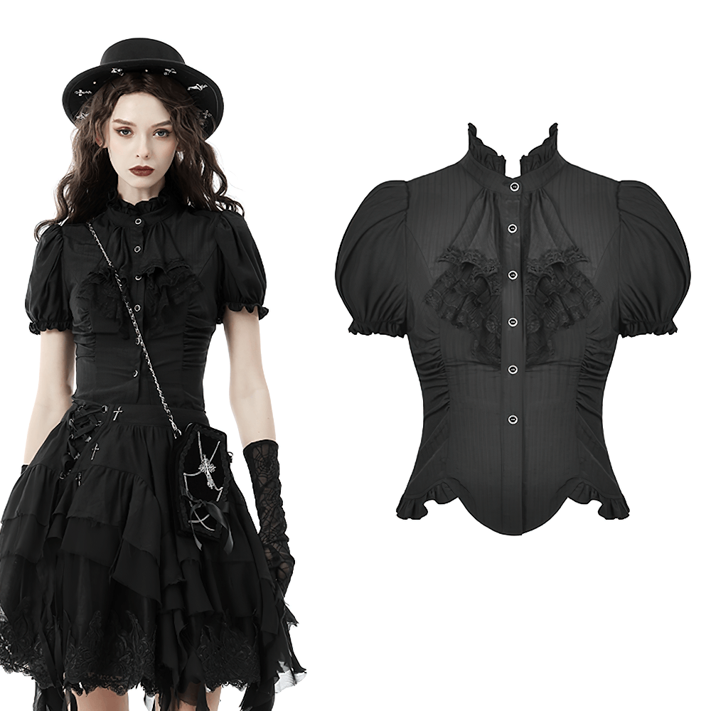 Chic black lace-trimmed gothic blouse with puff sleeves and ruffled neckline, perfect for a bold fashion statement.