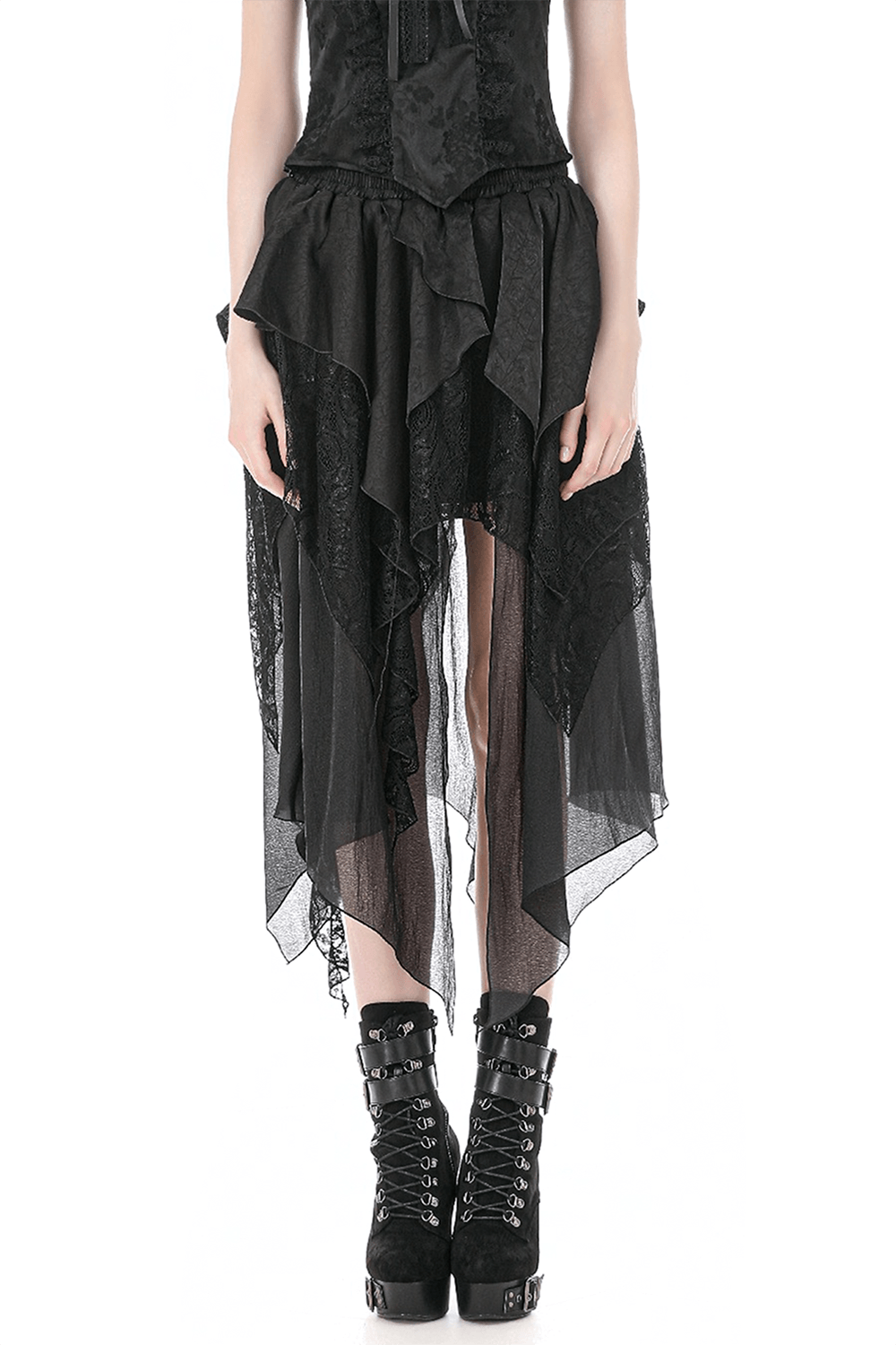 Chic Layered Lace High Low Skirt with Sheer Panels