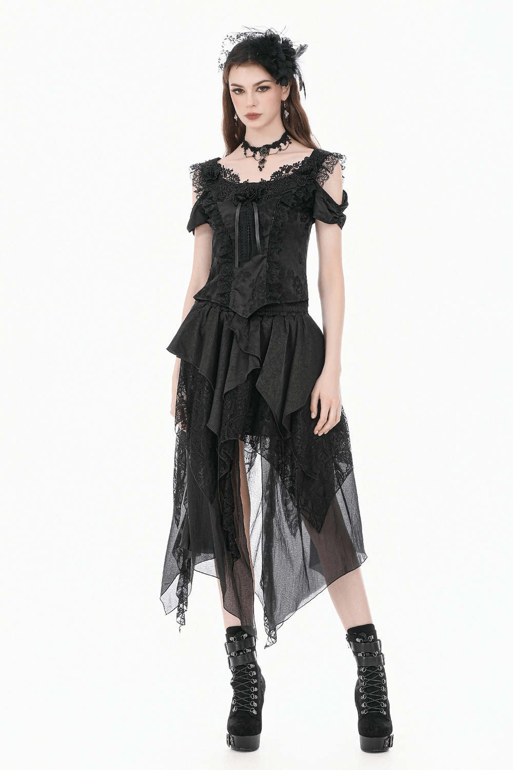 Chic Layered Lace High Low Skirt with Sheer Panels