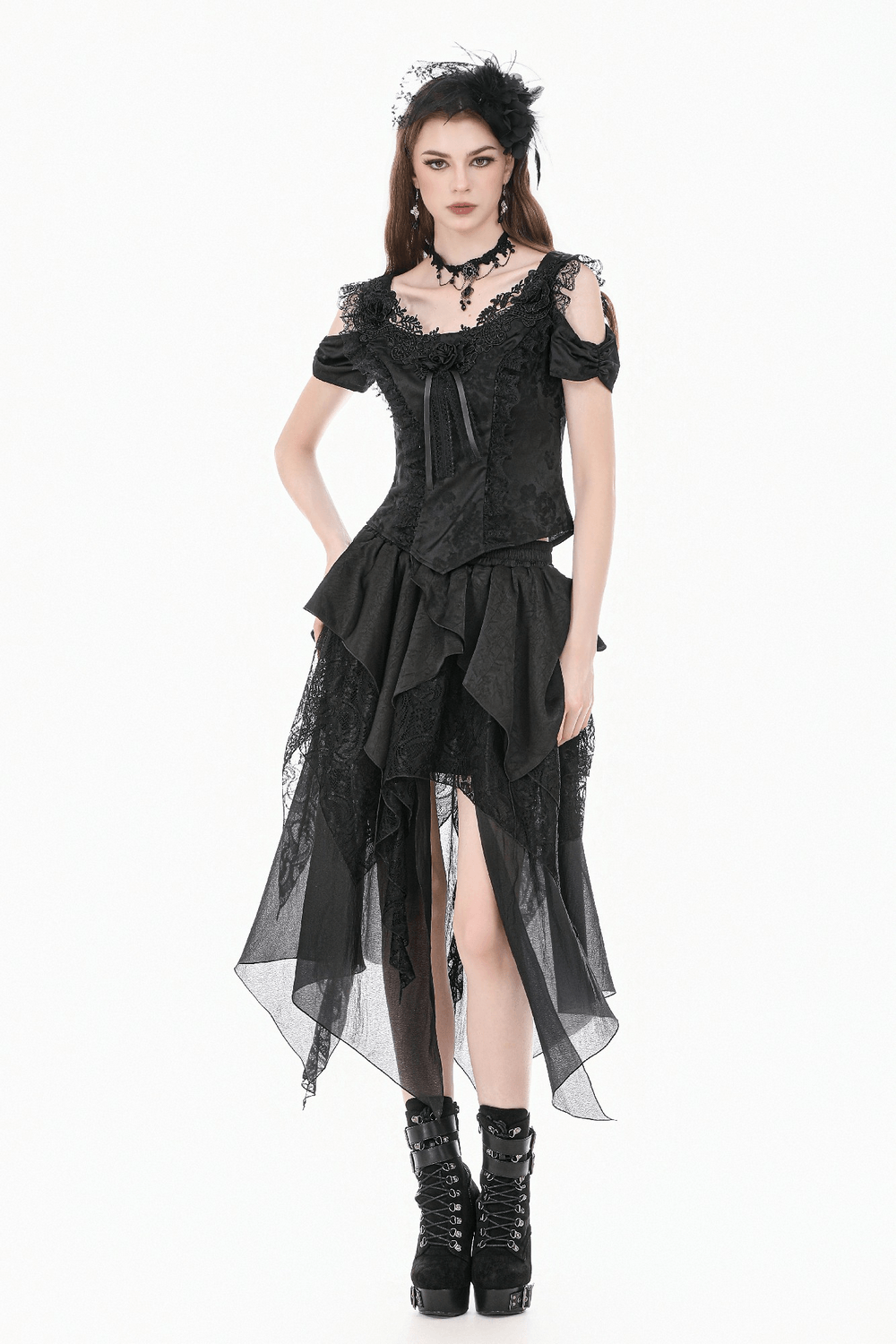 Chic Layered Lace High Low Skirt with Sheer Panels