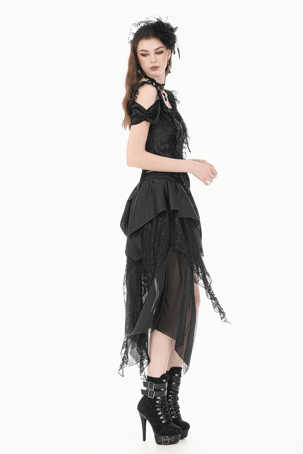 Chic Layered Lace High Low Skirt with Sheer Panels