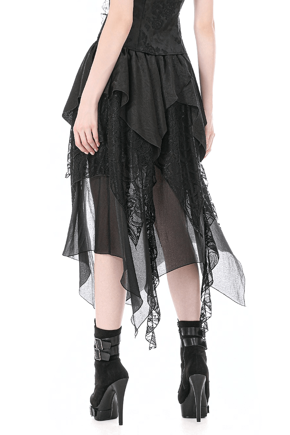 Chic Layered Lace High Low Skirt with Sheer Panels