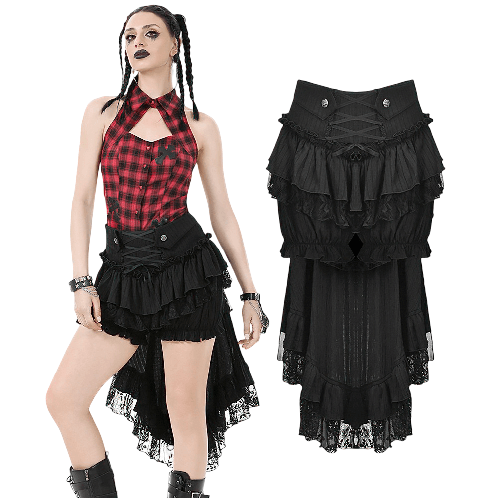 Chic Layered Ruffle Tailcoat Lantern Shorts for Women with lace and ruffles, perfect for gothic and steampunk styles.