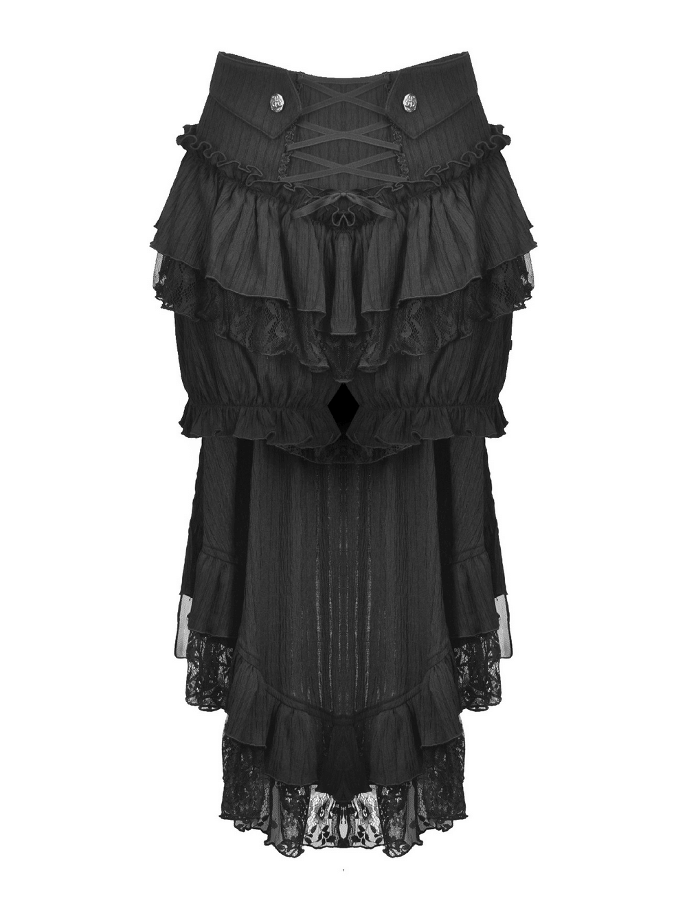 Chic Layered Ruffle Tailcoat Lantern Shorts for Women with lace and layered ruffles for a dramatic gothic look.