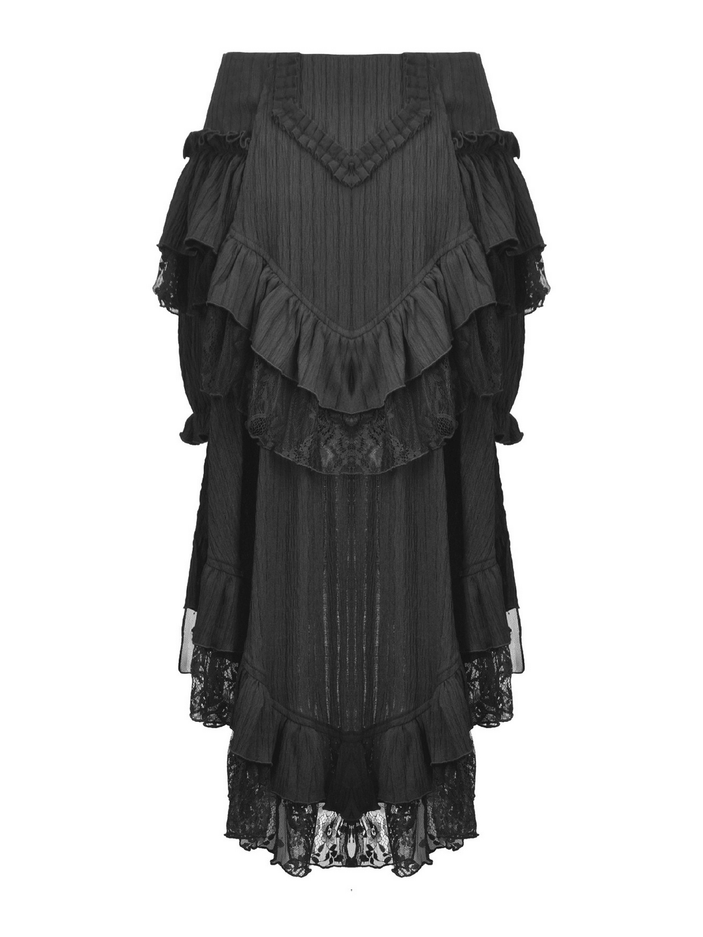 Chic Layered Ruffle Tailcoat Lantern Shorts for Women featuring dramatic lace and ruffles in black.