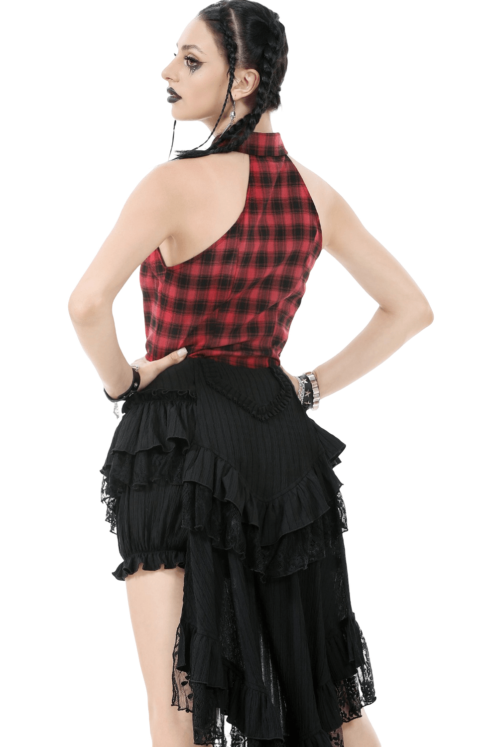 Chic Layered Ruffle Tailcoat Lantern Shorts for Women styled with a checkered top and dramatic layered ruffles.