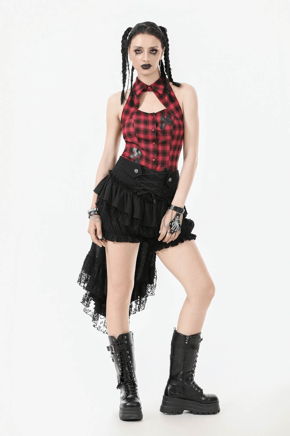 Chic Layered Ruffle Tailcoat Lantern Shorts for Women styled with a plaid top and combat boots for a gothic look.