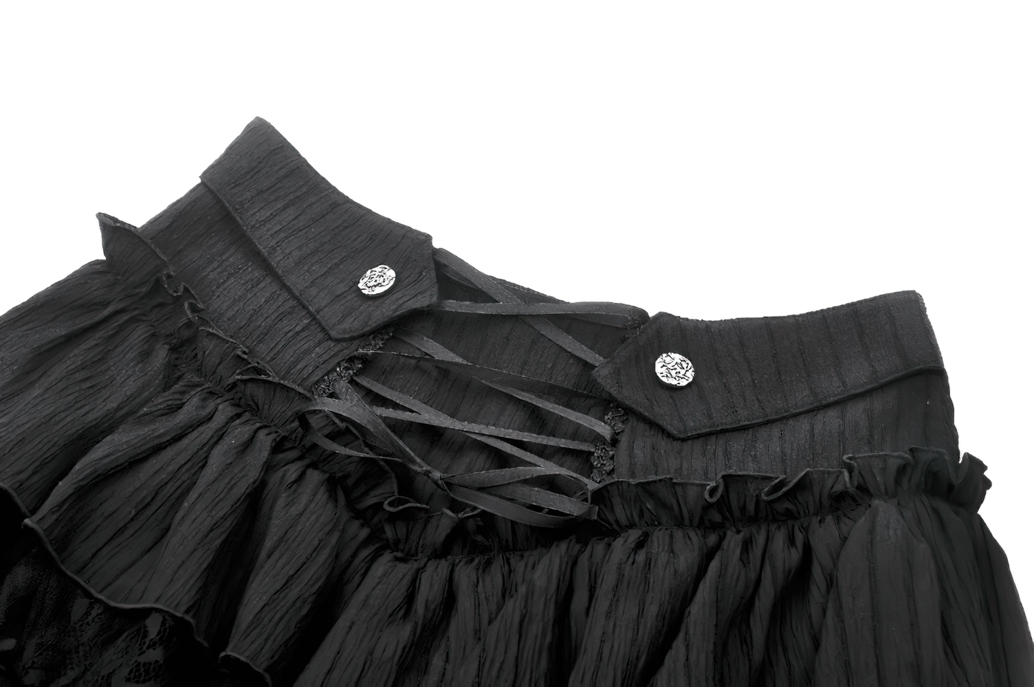 Chic Layered Ruffle Tailcoat Lantern Shorts for Women showcasing lace-up waist and dramatic ruffles.