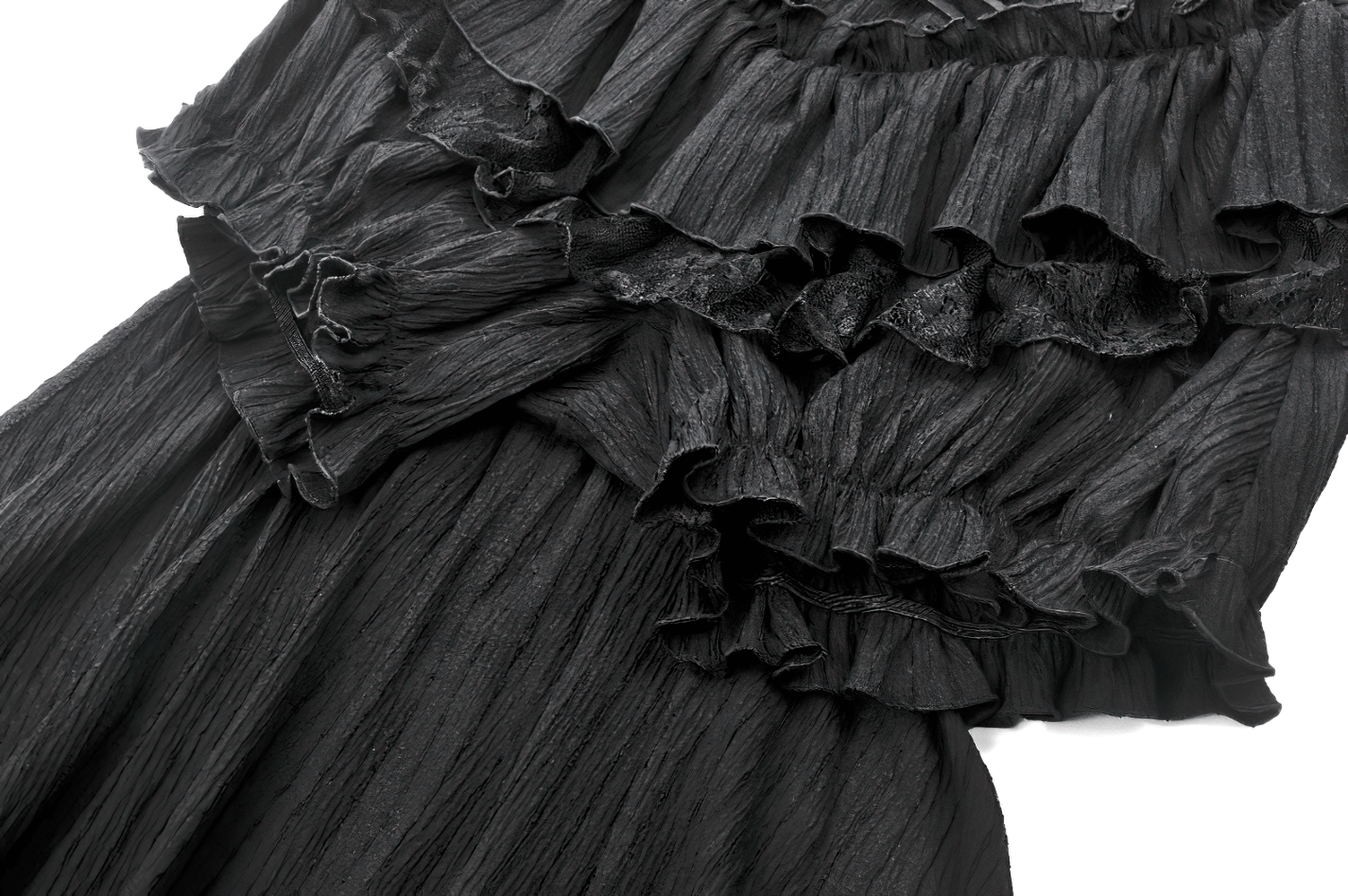 Chic Layered Ruffle Tailcoat Lantern Shorts for Women featuring dramatic black lace and ruffles for gothic fashion.