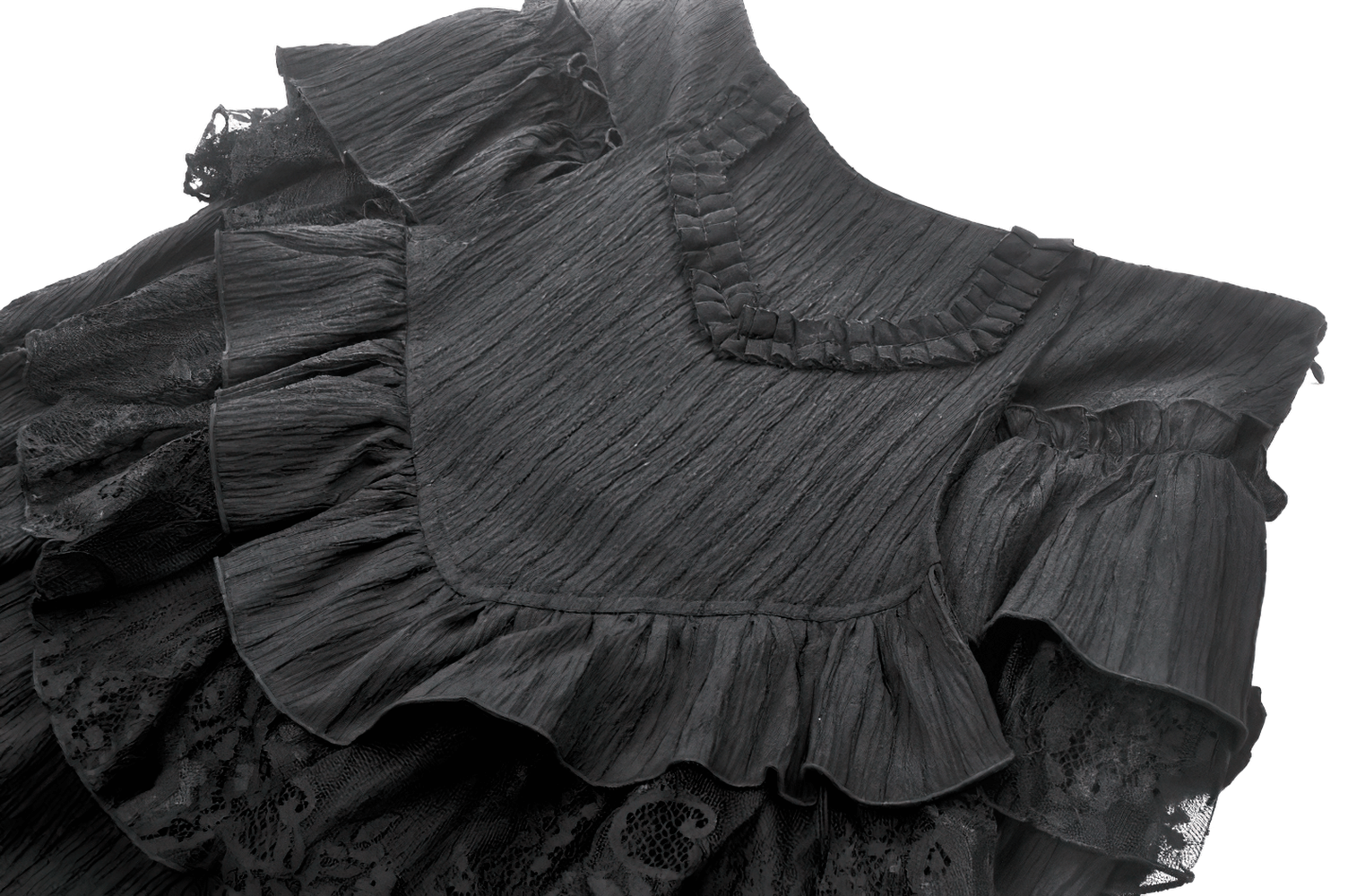 Chic Layered Ruffle Tailcoat Lantern Shorts for Women featuring intricate lace and dramatic ruffles for a gothic look.