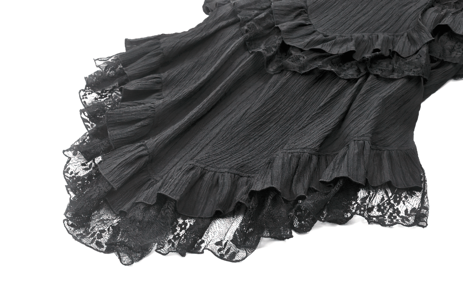 Chic Layered Ruffle Tailcoat Lantern Shorts for Women with black lace and ruffles, perfect for gothic and alternative fashion.