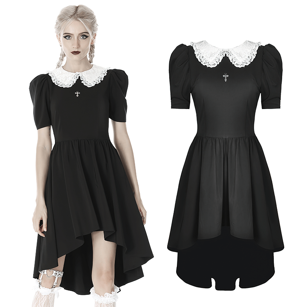 Chic Lolita Flare Dress with White Collar and Cross Pendant
