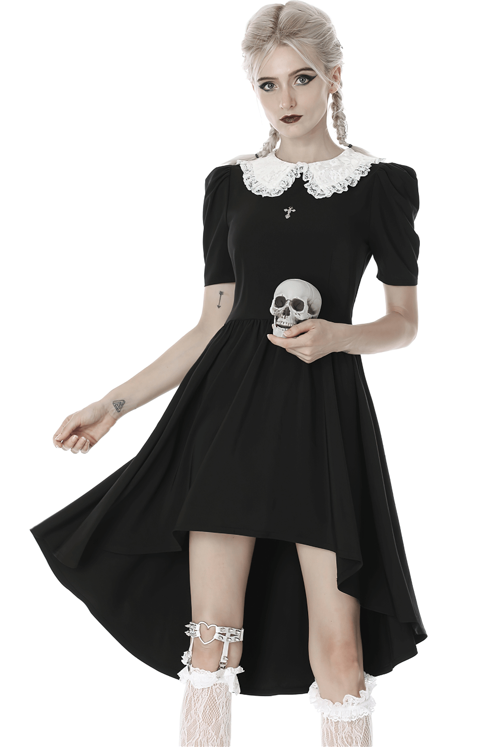 Chic Lolita Flare Dress with White Collar and Cross Pendant