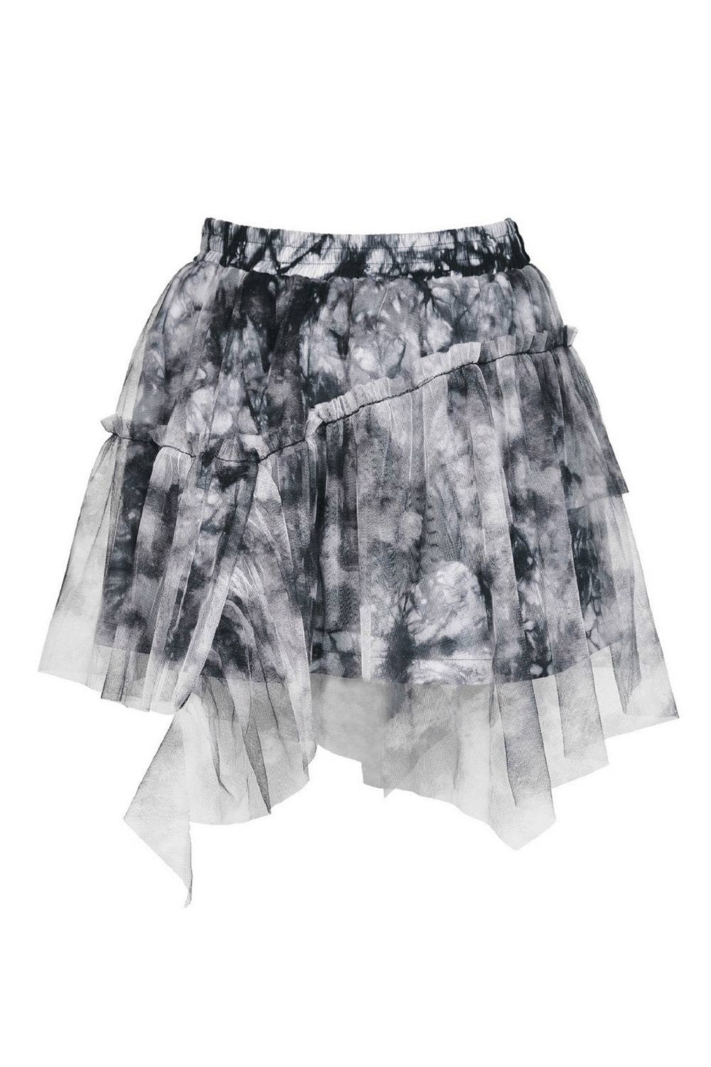 Chic marble print skirt featuring a trendy asymmetrical design and lightweight tulle layers for effortless elegance.