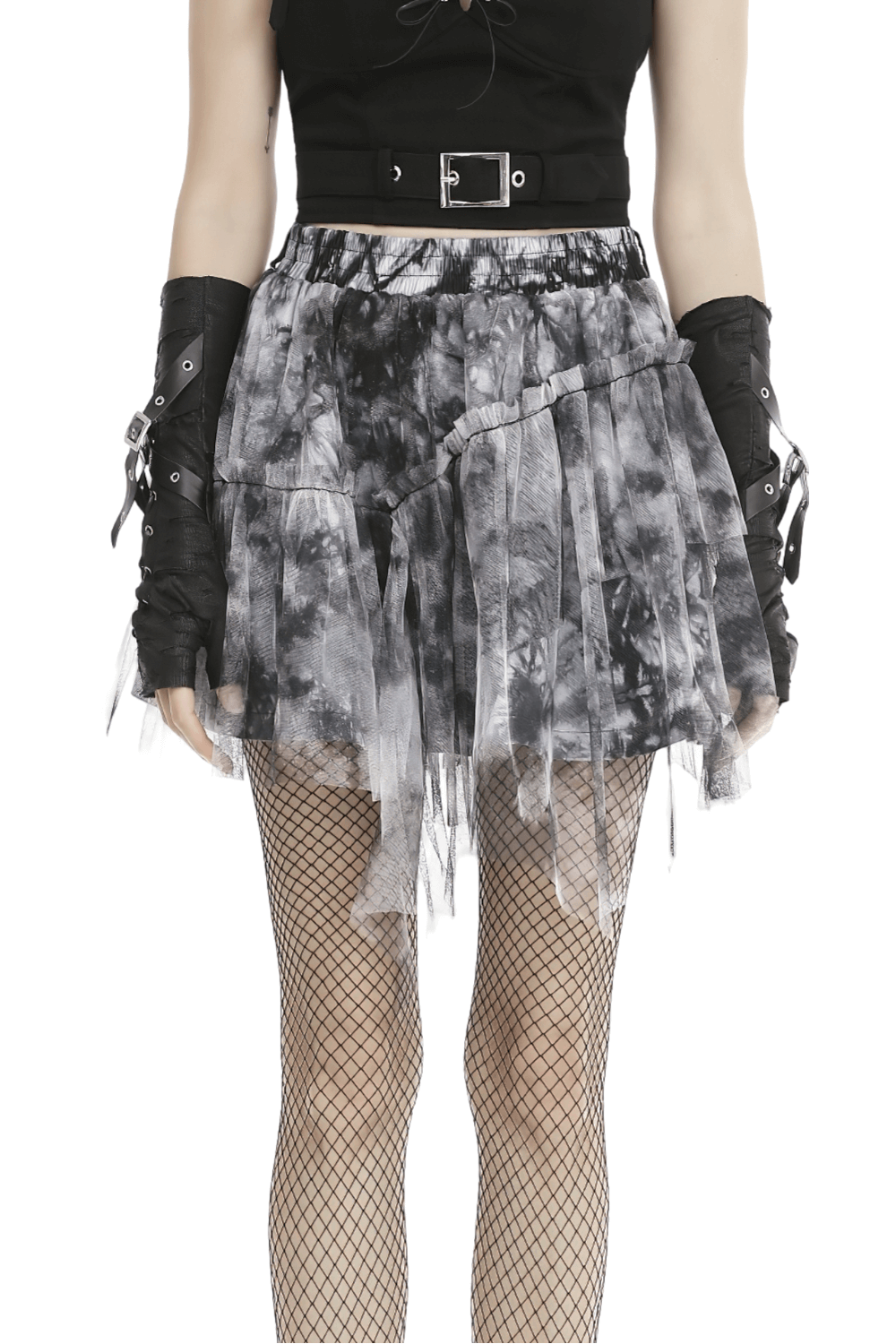 Chic marble print skirt paired with edgy gloves and fishnet stockings for a trendy style.