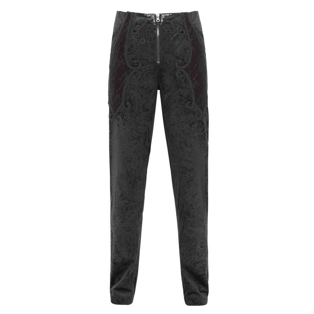 Chic black jacquard pants with intricate lace accents and high-waisted design, perfect for any stylish occasion.