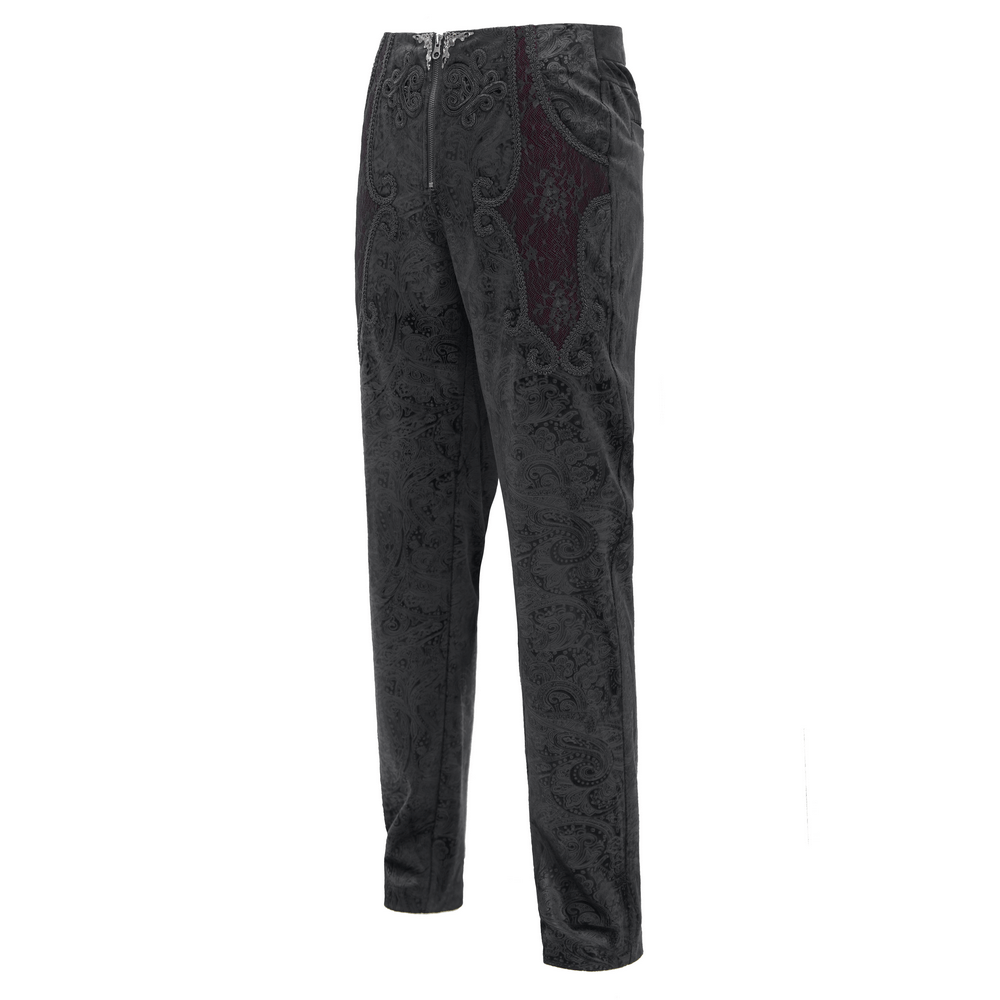 Stylish black jacquard pants with lace accents and a sleek high-waisted fit, perfect for any occasion.