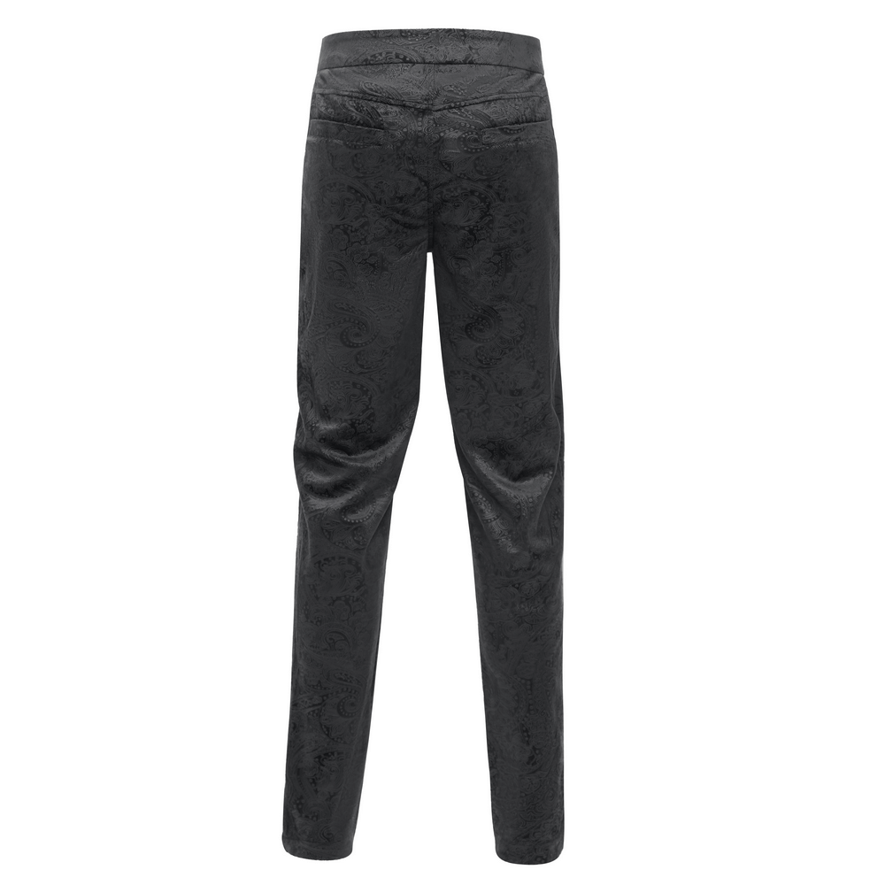 Chic men's black jacquard pants featuring intricate lace details, showcasing a sleek high-waisted fit from the back.