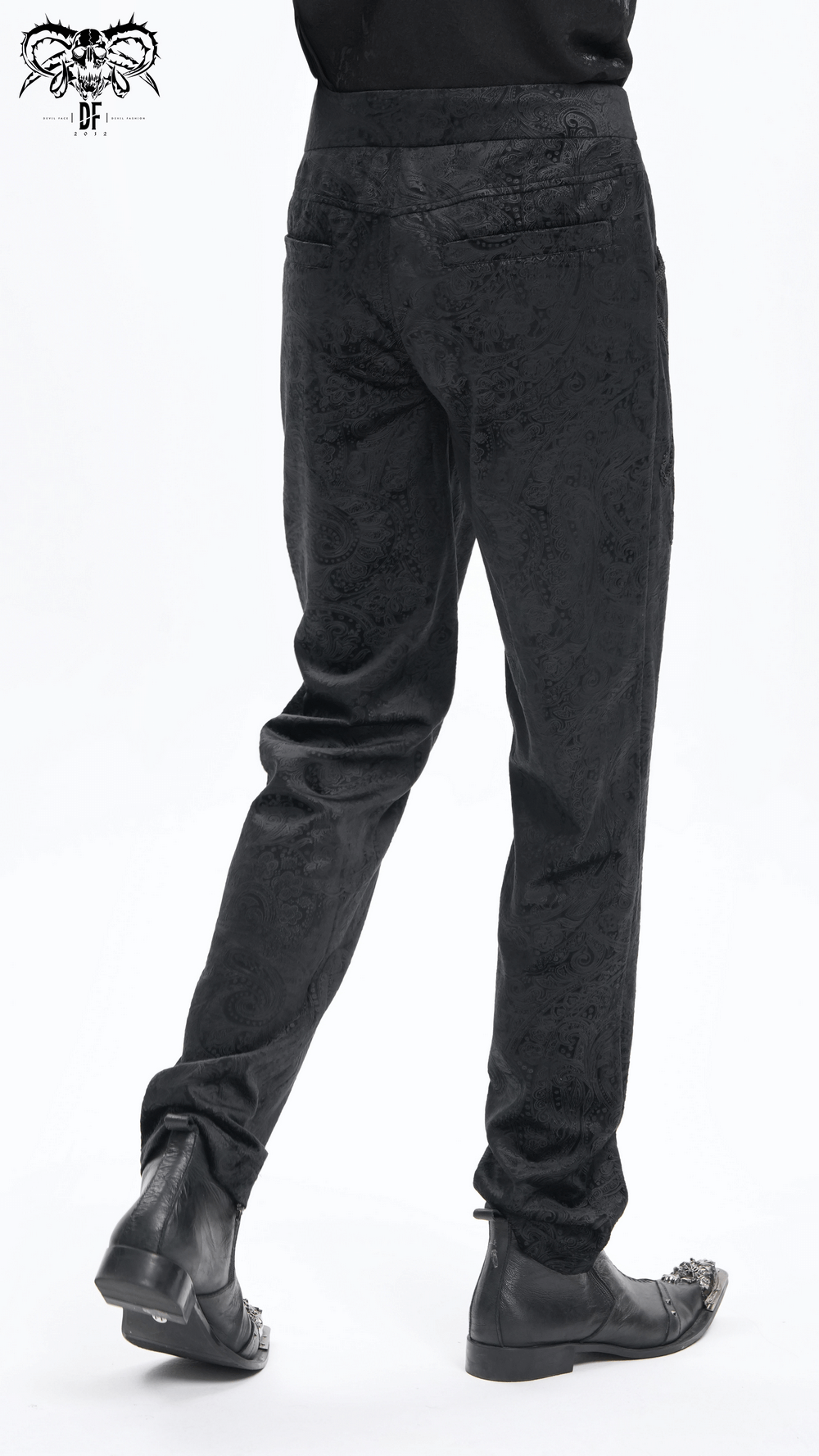 Chic men's black jacquard pants with lace accents, showcasing stylish back view and sleek fit. Perfect for any occasion.