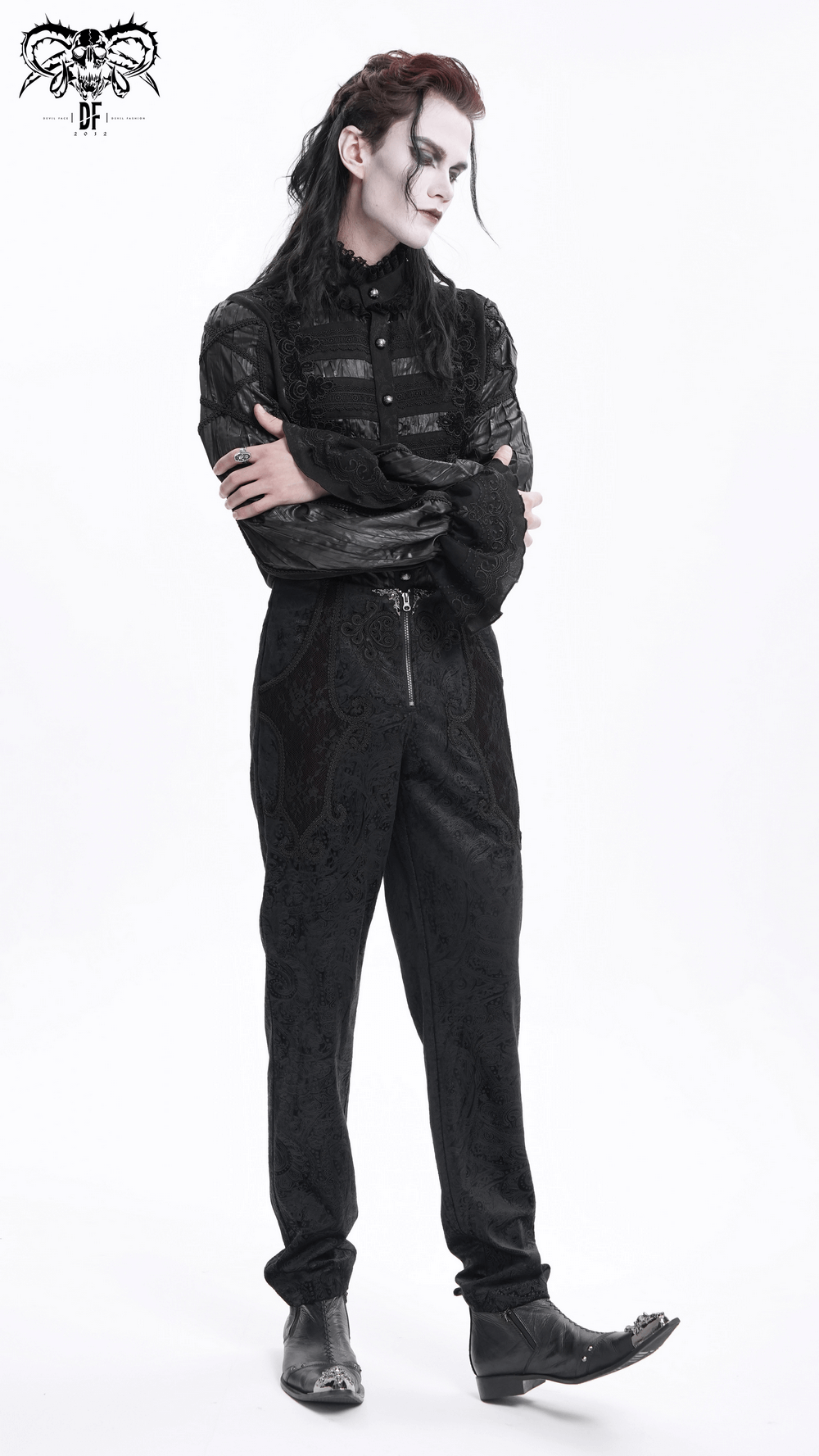 Stylish model in black jacquard pants with lace accents, showcasing a chic and elegant look. Perfect for fashion-forward occasions.