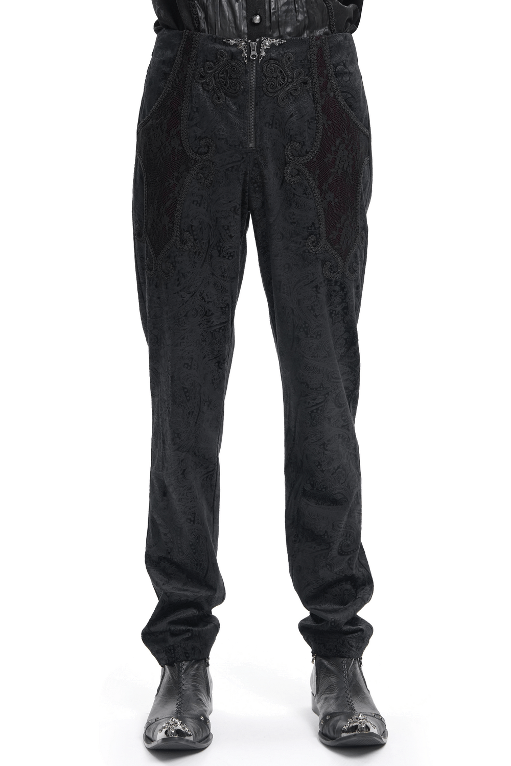 Chic black jacquard pants with lace accents, featuring a sleek high-waisted design and front zipper closure. Perfect for any occasion.