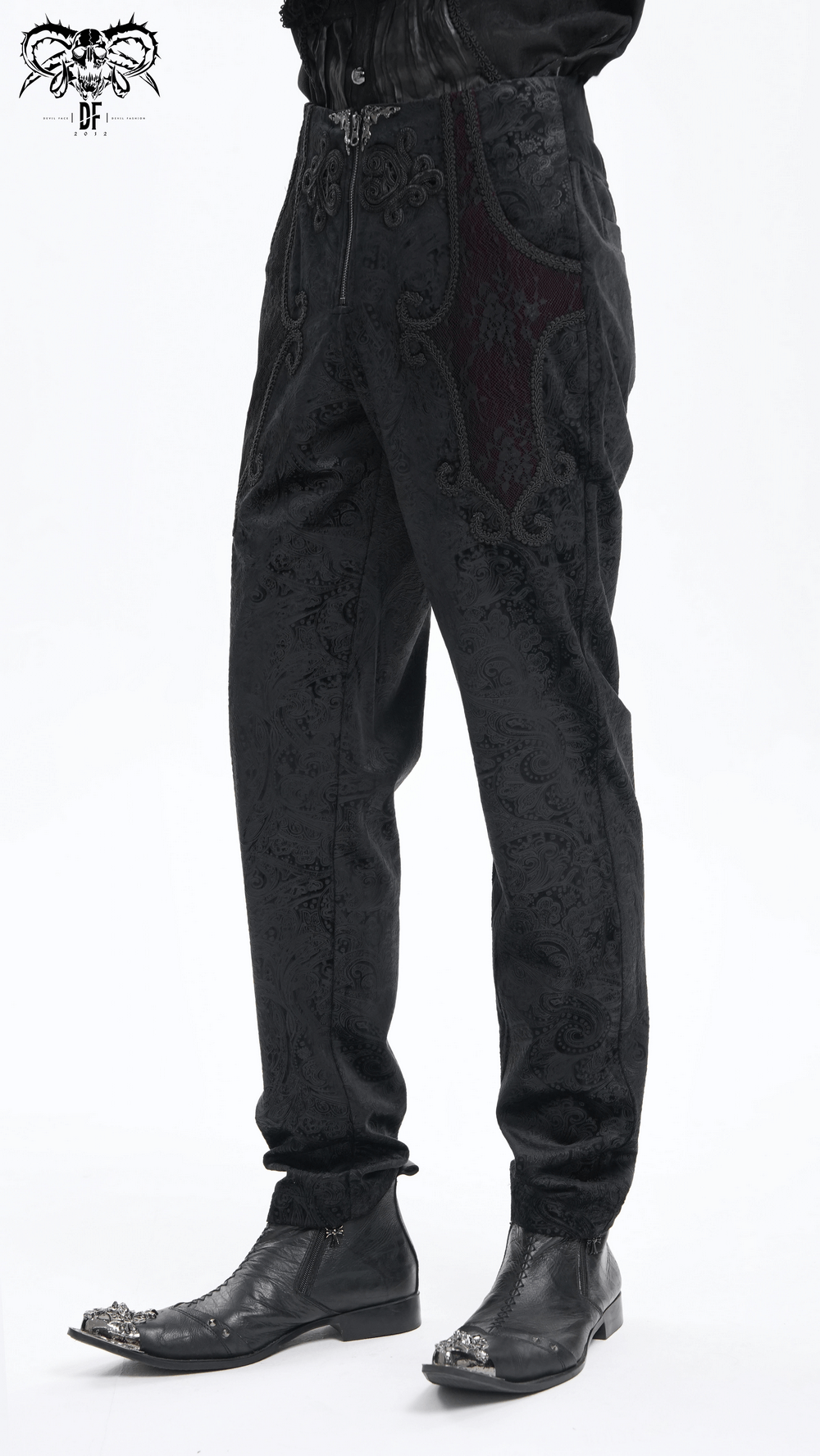 Chic men's black jacquard pants with lace accents, featuring a high-waisted design and sleek silhouette. Perfect for any occasion.