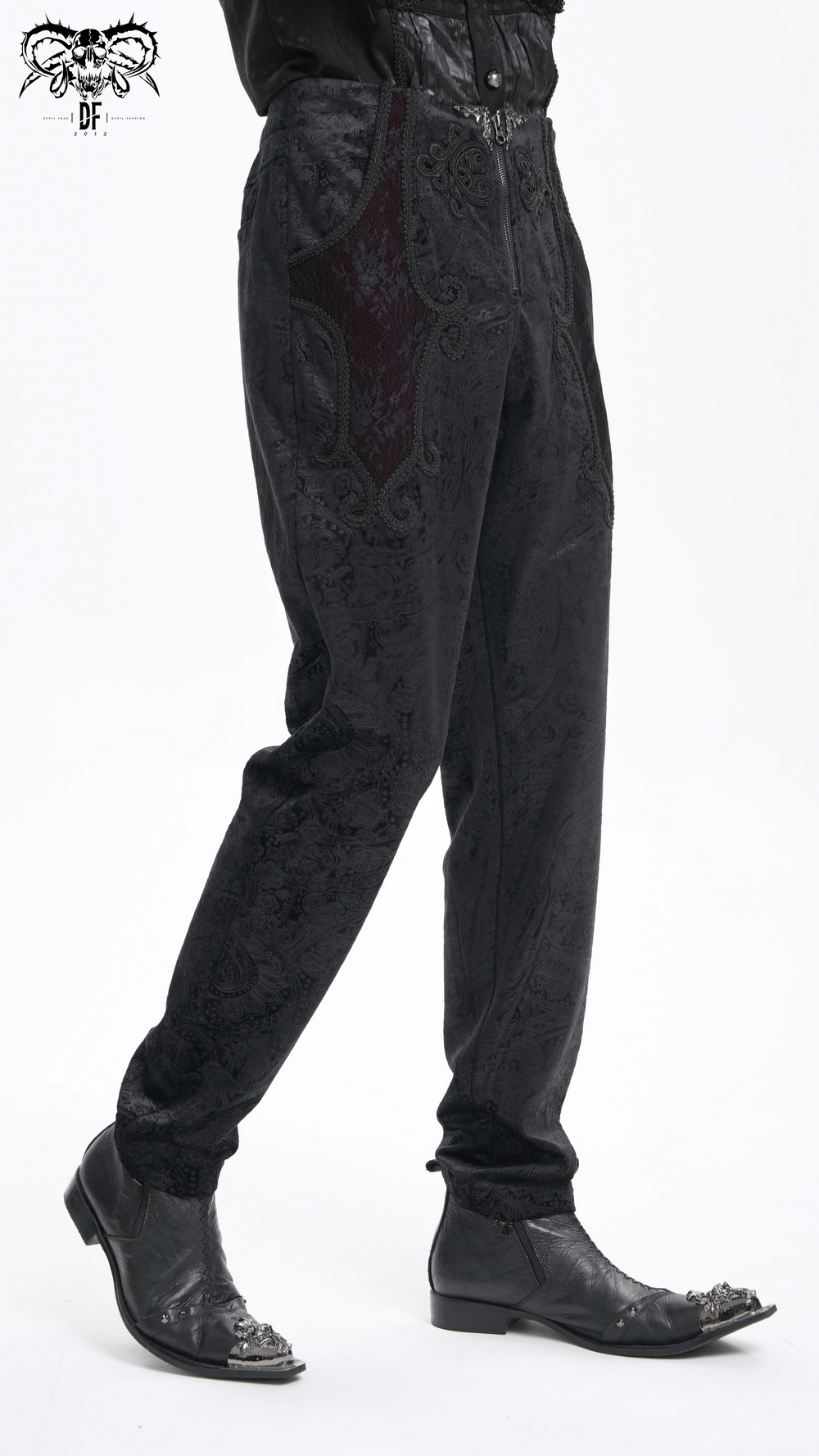 Chic men's black jacquard pants with intricate lace accents, paired with stylish black boots for a sophisticated look.