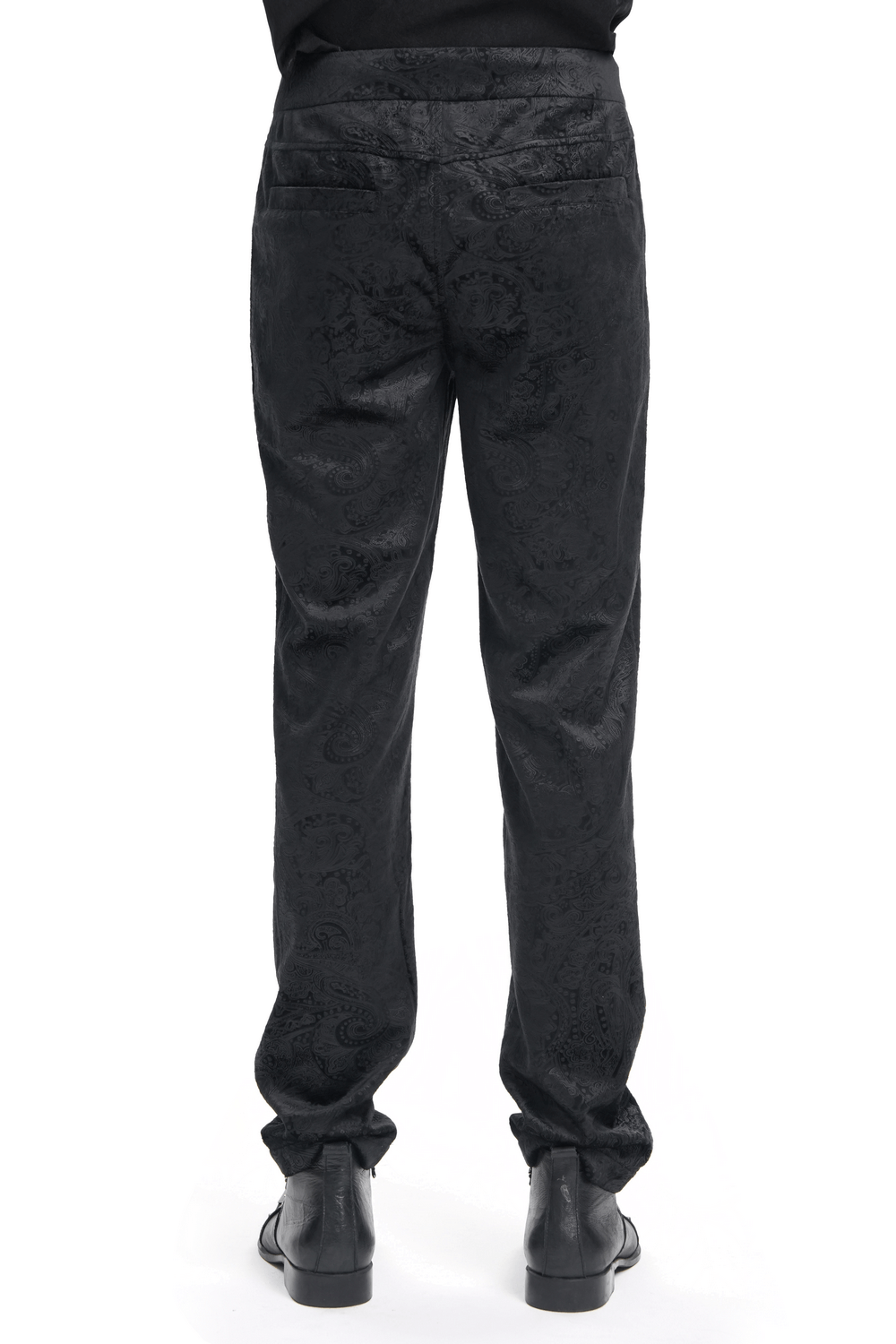 Chic men's black jacquard pants with intricate lace accents, showing the stylish back view and sleek silhouette.